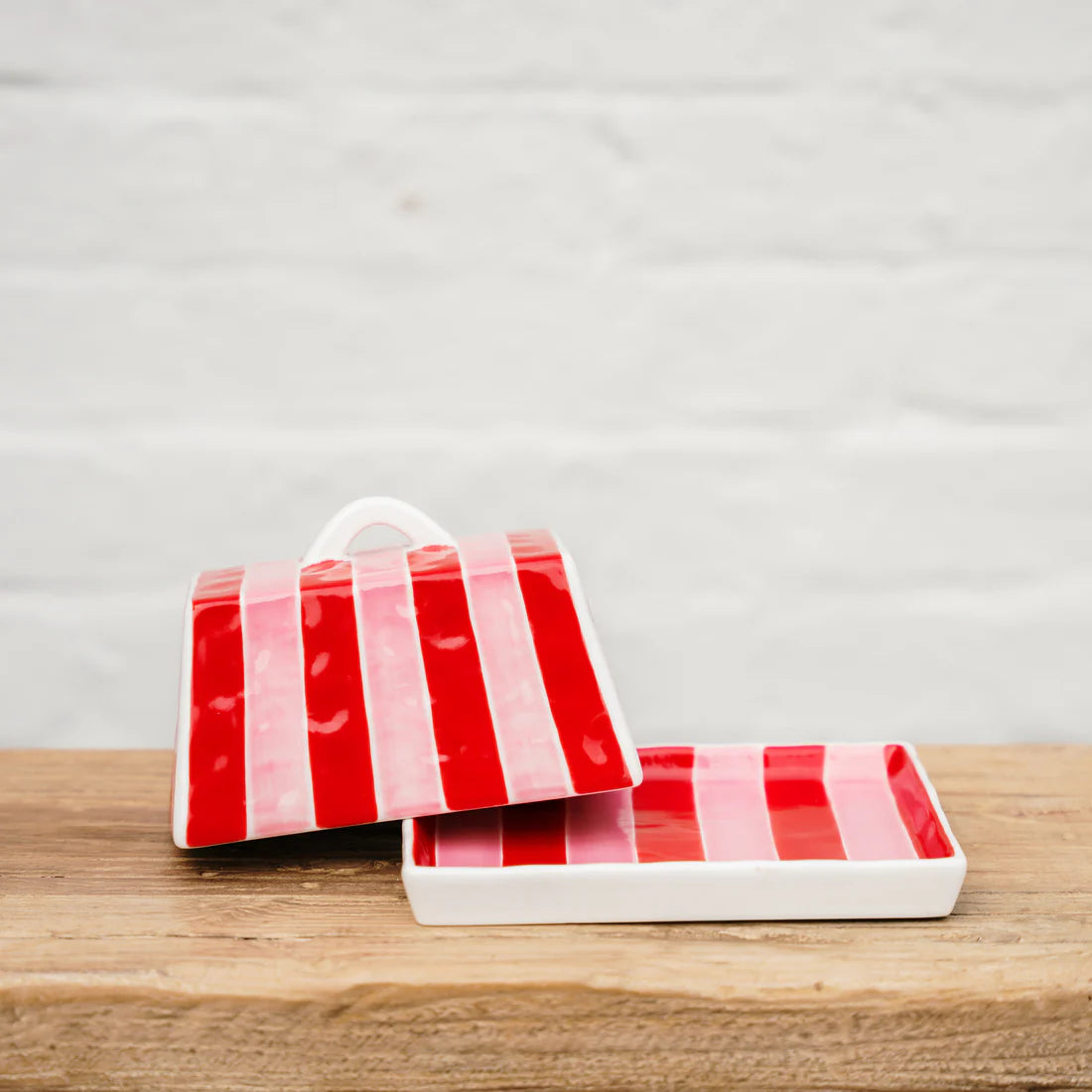 Large Butter Dish - Red & Pink Stripe