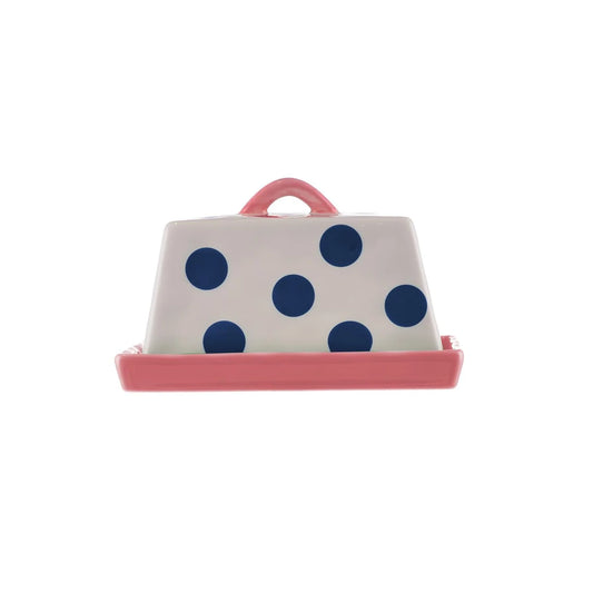Large Butter Dish - Navy Dots with Pink Handle & Tray