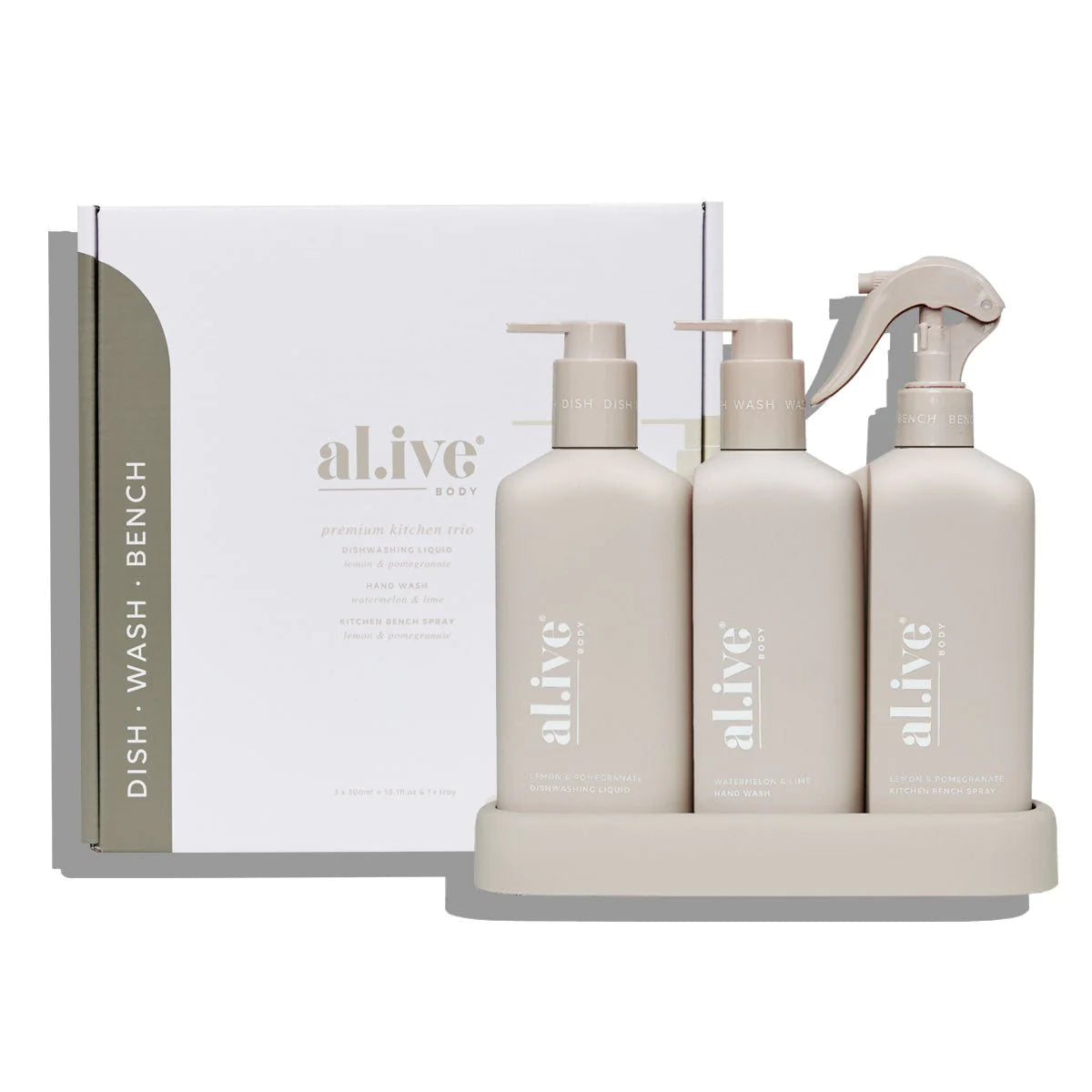 AL.IVE BODY | Dishwashing Liquid, Hand Wash & Bench Spray + Tray, Premium Kitchen Trio