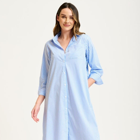 The Gather Back Shirtdress - Pale Blue Stripe