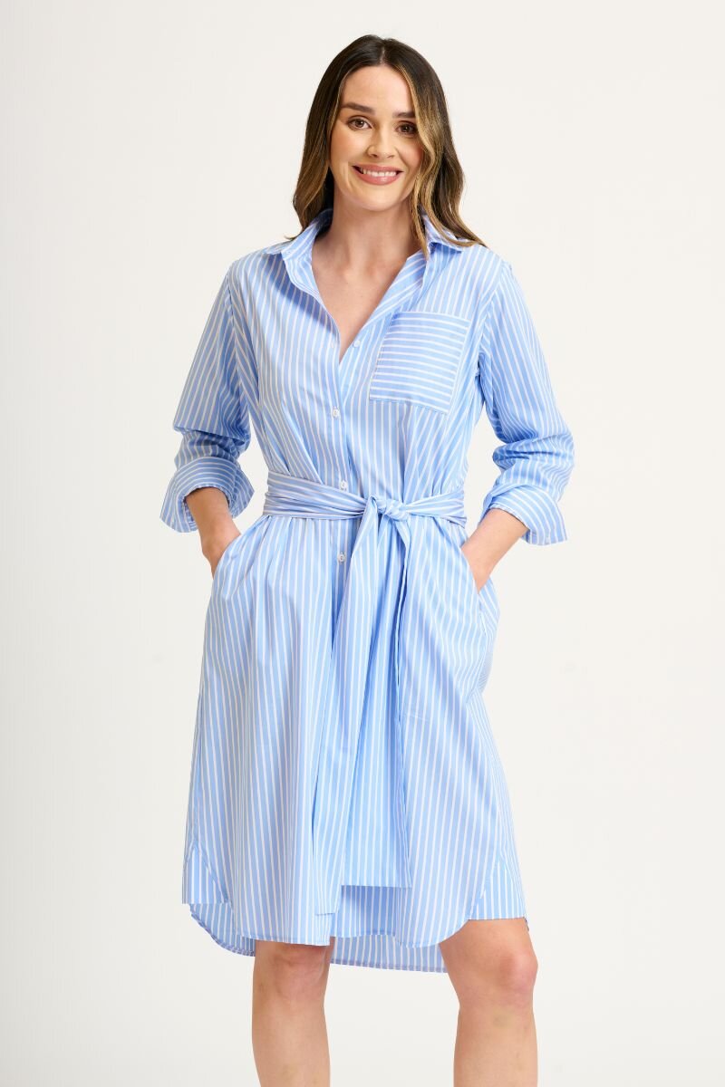 The Gather Back Shirtdress - Pale Blue Stripe