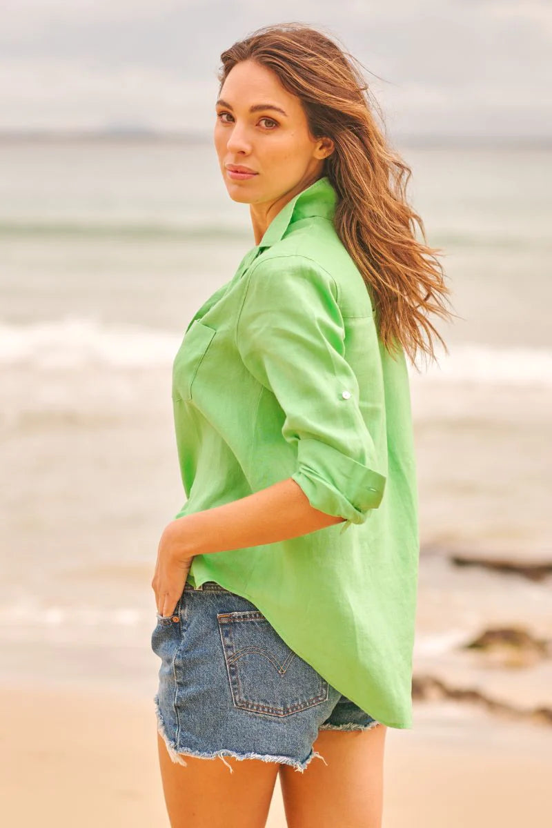 The Girlfriend Relaxed Linen Shirt - Green Apple