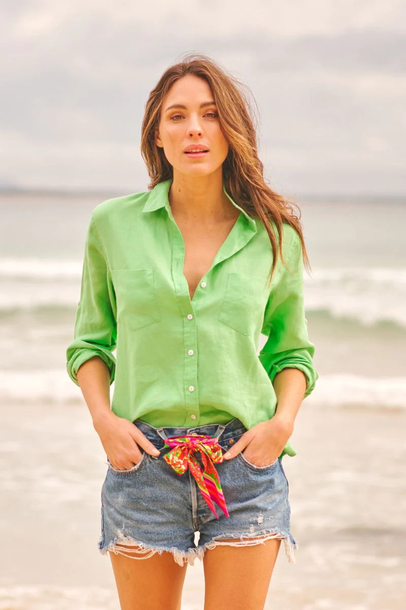 The Girlfriend Relaxed Linen Shirt - Green Apple