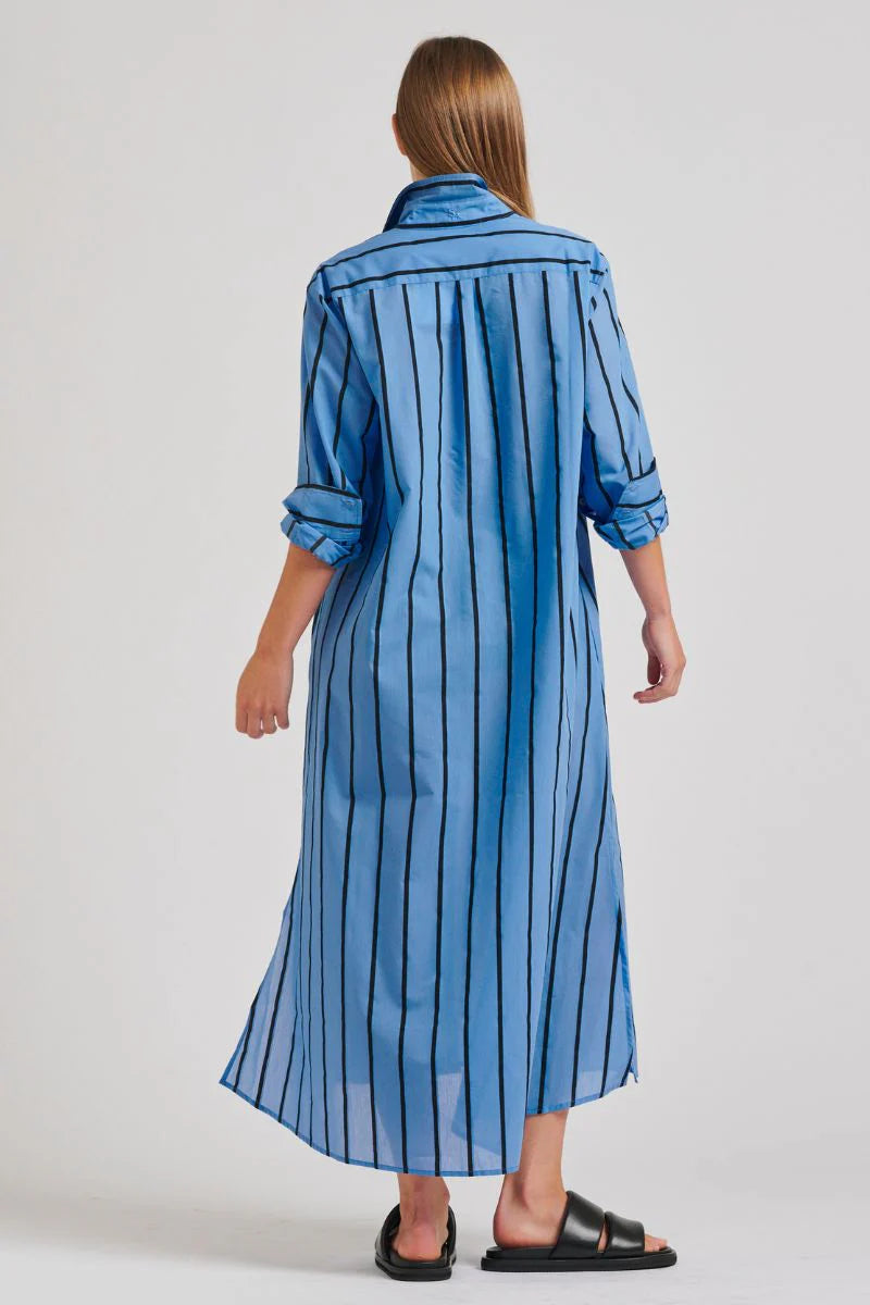 The Luna Oversized Long Shirtdress - Mid Blue/ Black Stripe