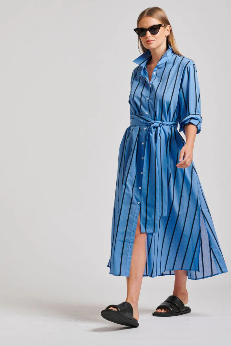 The Luna Oversized Long Shirtdress - Mid Blue/ Black Stripe