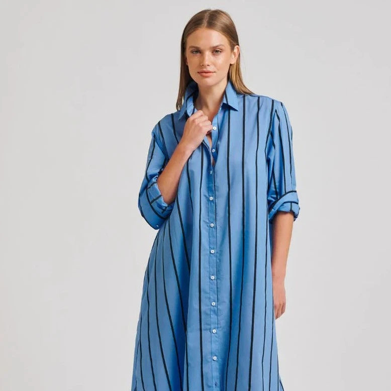 The Luna Oversized Long Shirtdress - Mid Blue/ Black Stripe