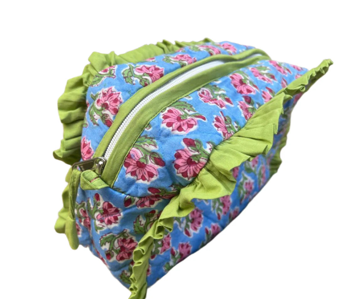 Cotton Cosmetic Bag - Green Frill