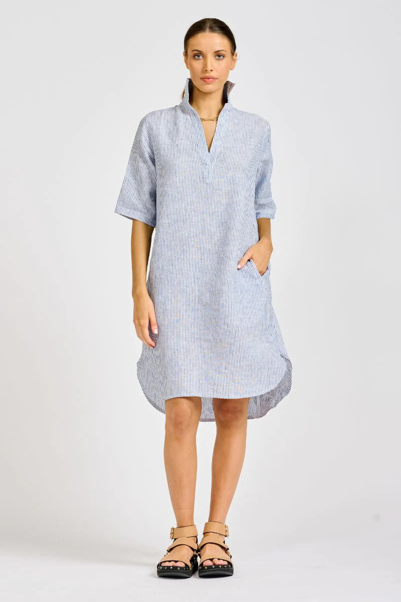 The Linen Pocket Popover Shirt Dress - Navy/White Stripe