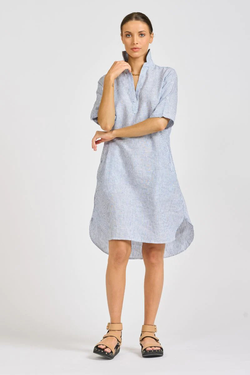 The Linen Pocket Popover Shirt Dress - Navy/White Stripe