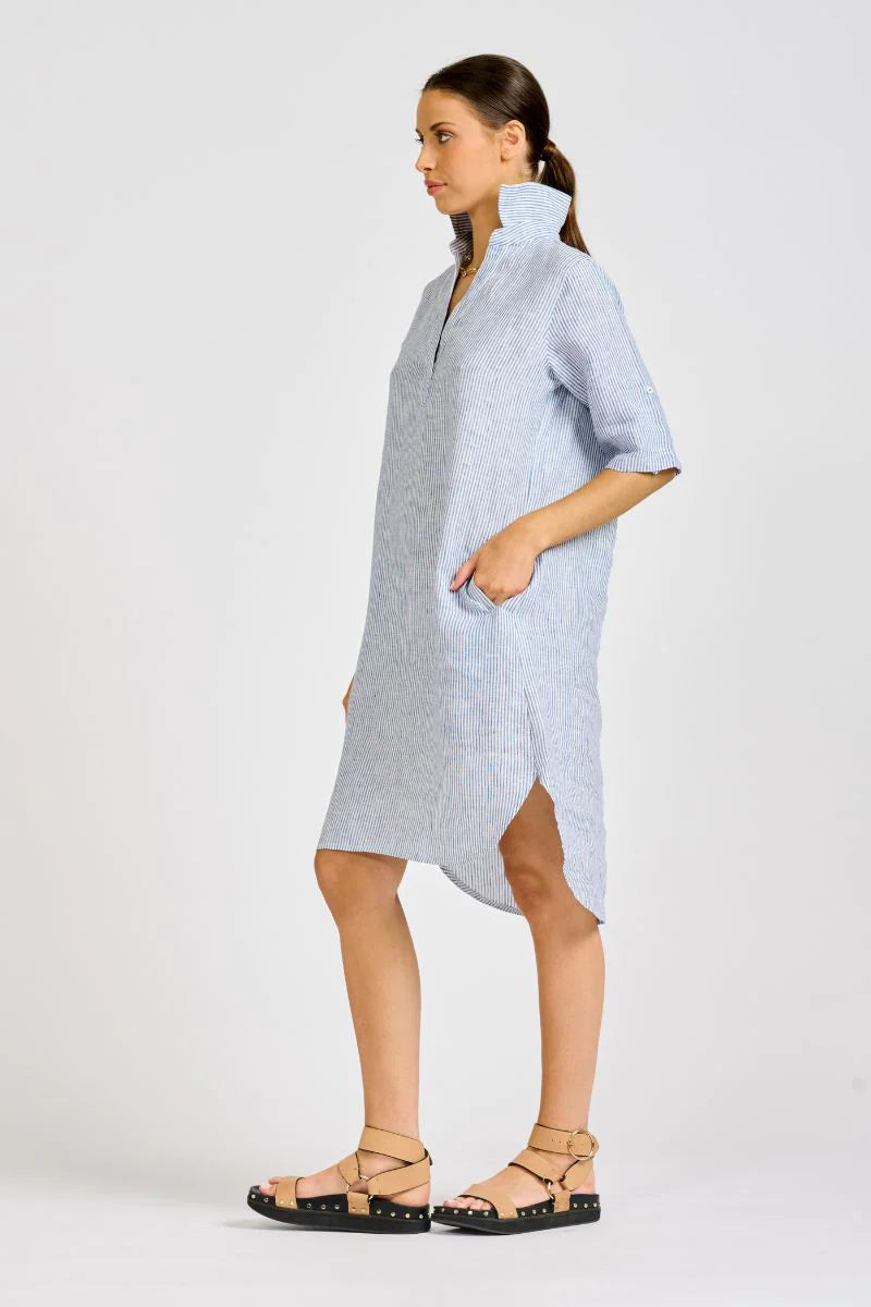 The Linen Pocket Popover Shirt Dress - Navy/White Stripe
