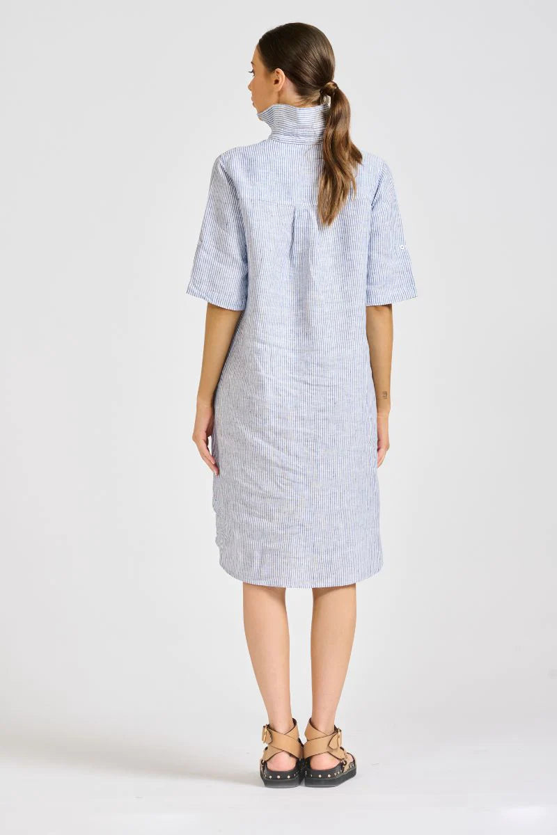 The Linen Pocket Popover Shirt Dress - Navy/White Stripe