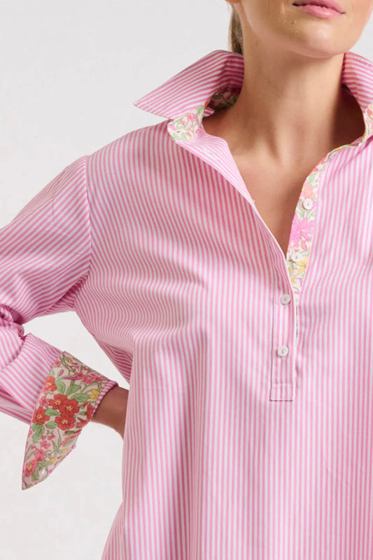 The Popover Shirtdress - Pink Stripe/Floral Trim