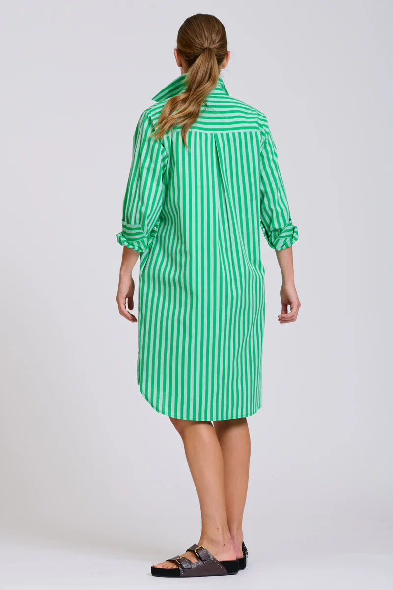 The Classic Cotton Shirt Dress - Double Green Stripe