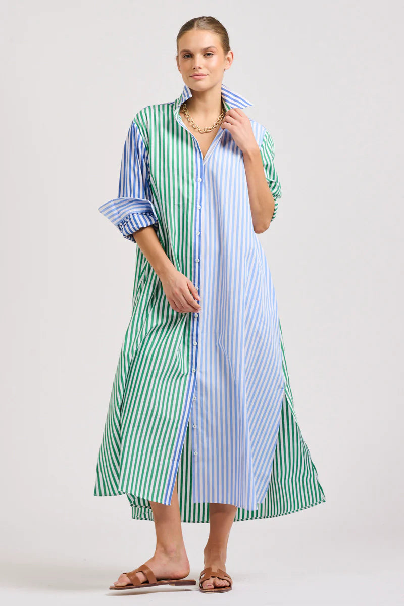 The Luna Oversized Long Shirtdress - Blue/Green Stripe Combo