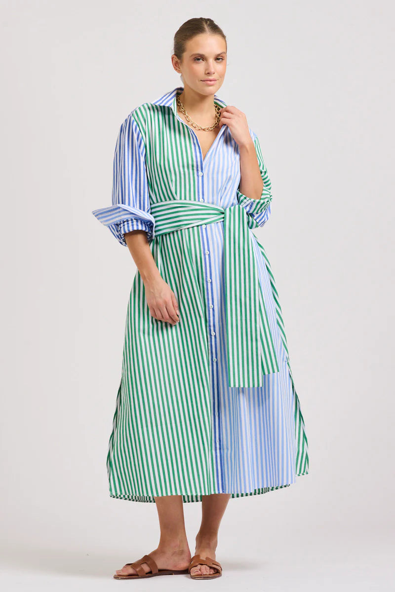 The Luna Oversized Long Shirtdress - Blue/Green Stripe Combo