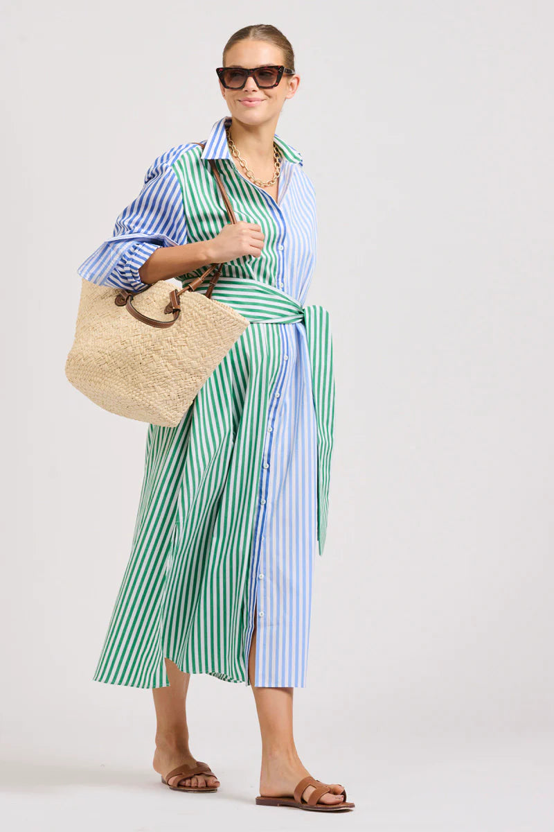 The Luna Oversized Long Shirtdress - Blue/Green Stripe Combo