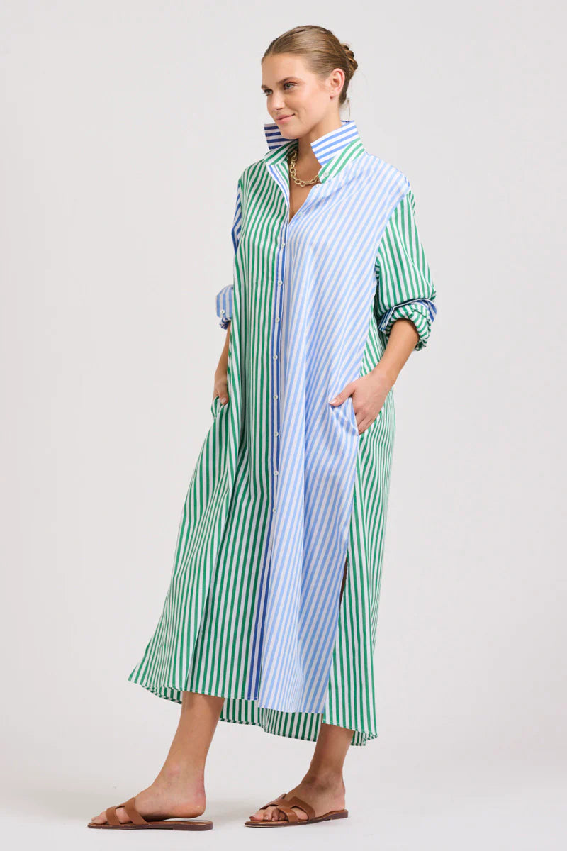 The Luna Oversized Long Shirtdress - Blue/Green Stripe Combo