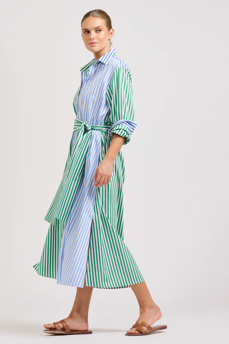 The Luna Oversized Long Shirtdress - Blue/Green Stripe Combo