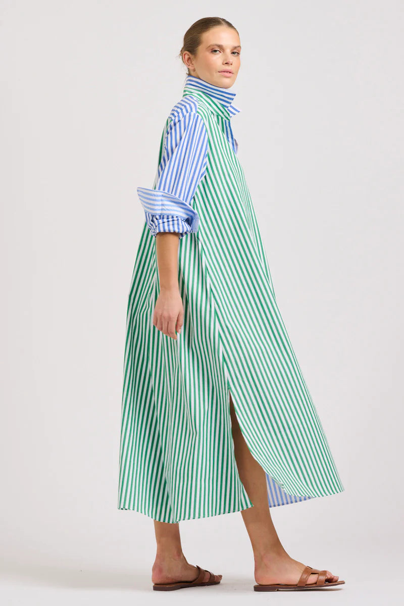 The Luna Oversized Long Shirtdress - Blue/Green Stripe Combo