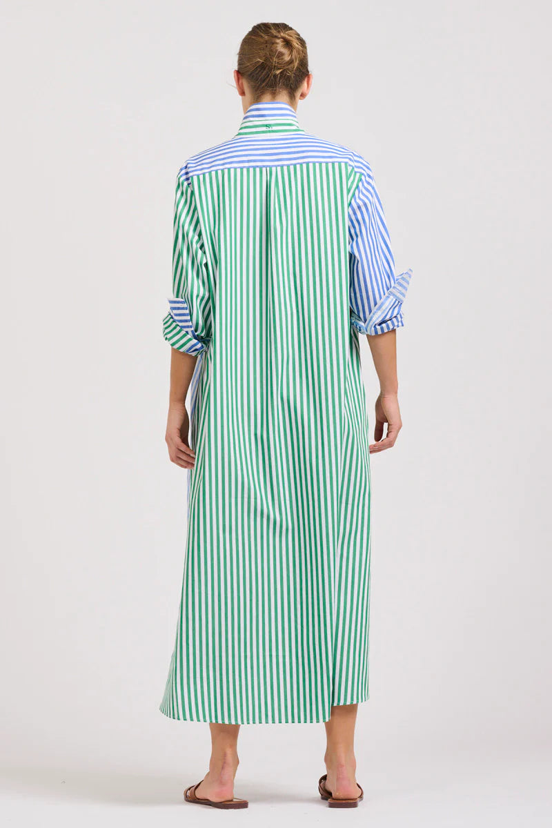 The Luna Oversized Long Shirtdress - Blue/Green Stripe Combo