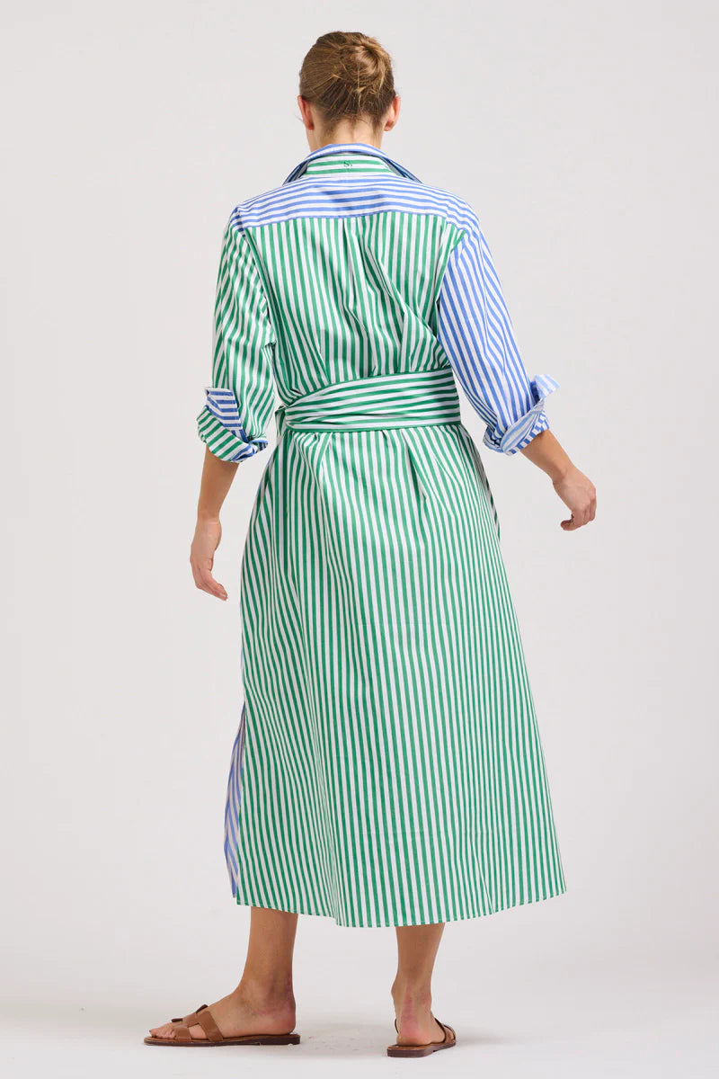 The Luna Oversized Long Shirtdress - Blue/Green Stripe Combo