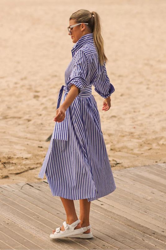 The Luna Oversized Long Shirtdress - Blue/White Stripe